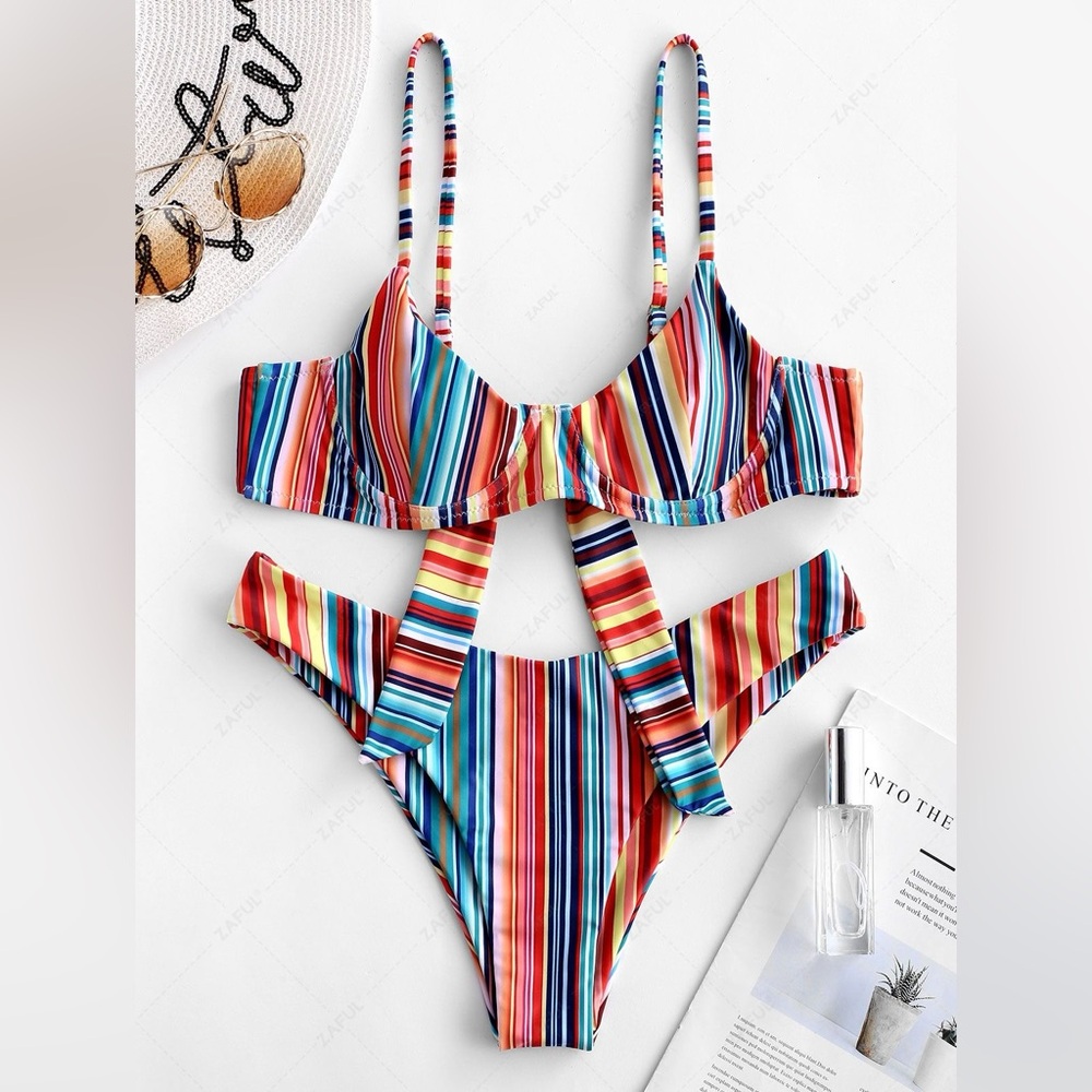 ZAFUL Rainbow Striped Underwire Bikini Set - Multi-a S